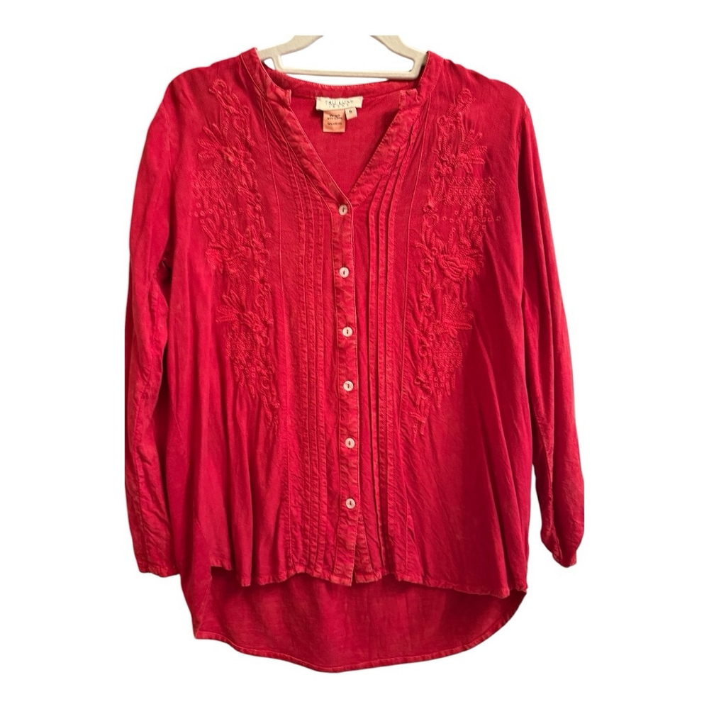 Women's Tru Luxe Jeans Button-Up Hi-Lo Shirt Size S Red